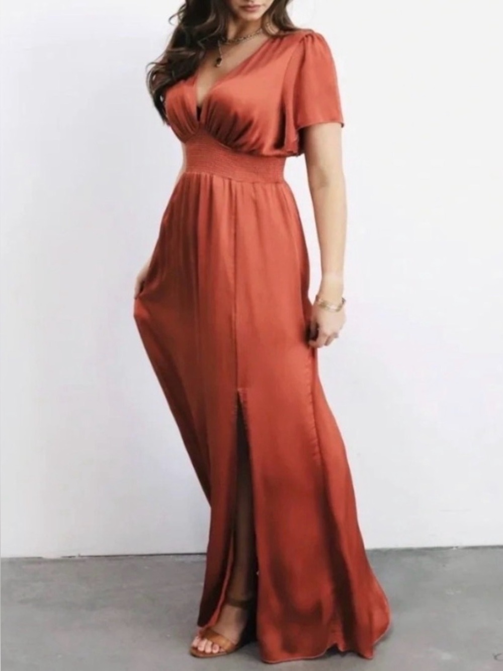 BALTIC BORN Prague V-Neck Short Flutter Sleeve Maxi Dress in Rust
